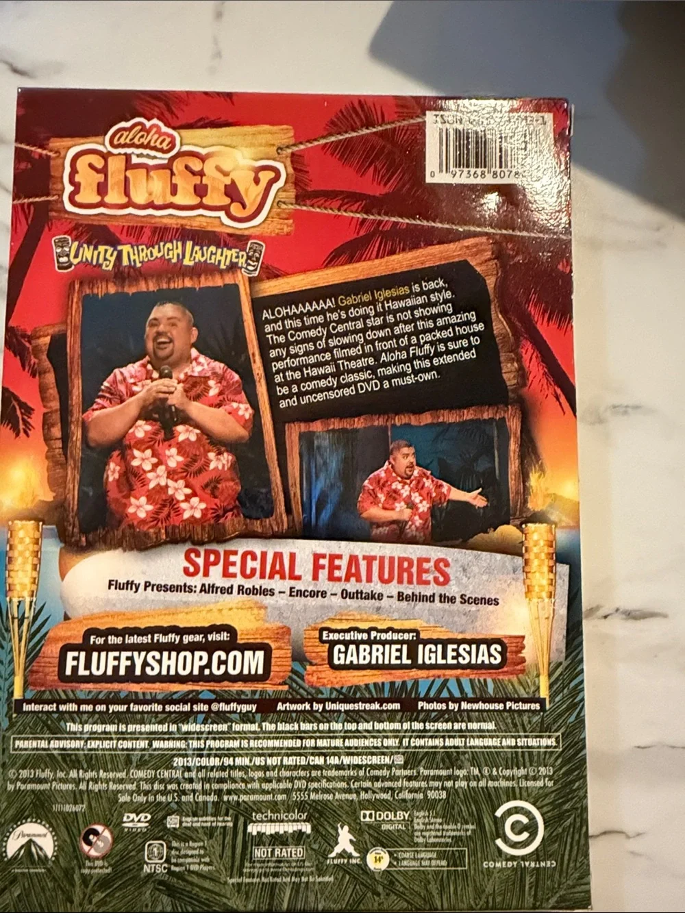 fluffy Aloha Gabriel Iglesias DVD Cover with Red, Orange, Blue Artwork